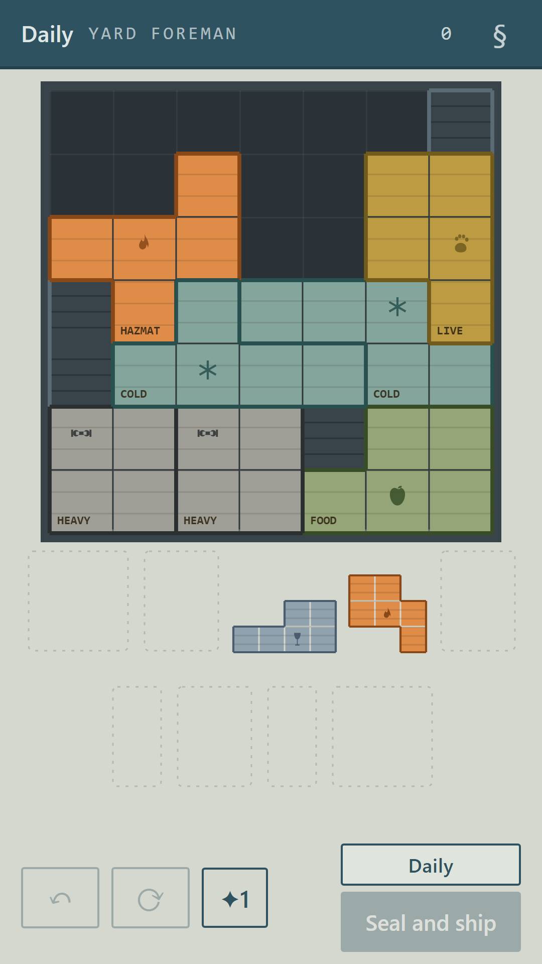 The daily manifest, a seven-by-seven hold with cutouts